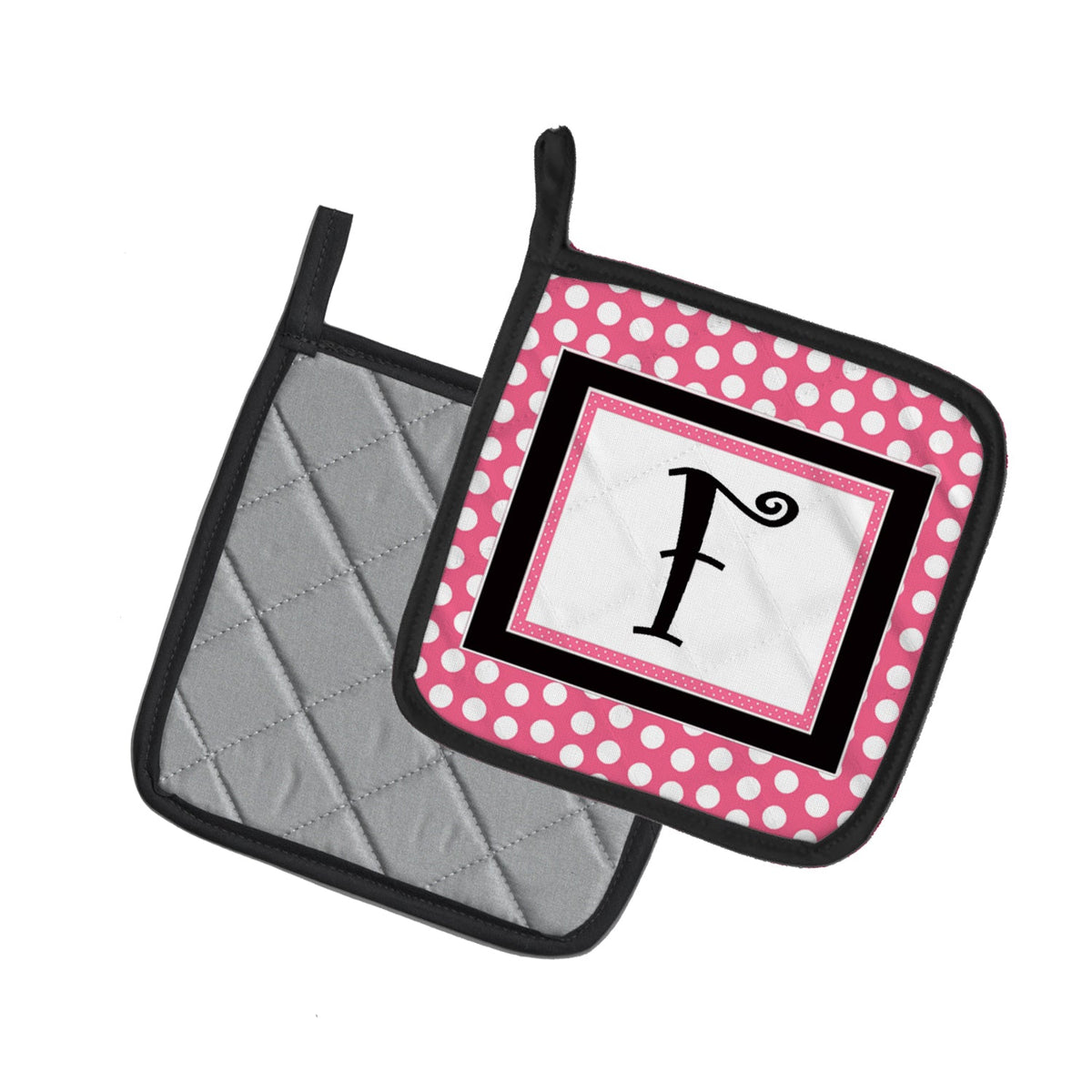 Letter F Monogram - Pink Black Polka Dots Pot Holder Set of 2 Heat Resistant Quilted Hot Pads 7.5 x 7.5 Inch, Insulated Kitchen Trivets for Cooking & Baking