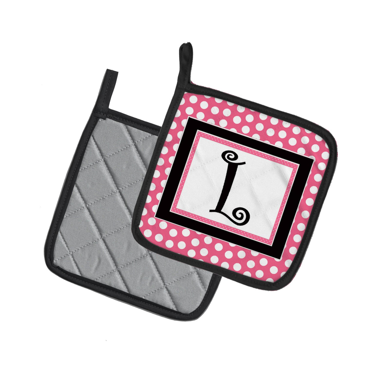 Letter L Monogram - Pink Black Polka Dots Pot Holder Set of 2 Heat Resistant Quilted Hot Pads 7.5 x 7.5 Inch, Insulated Kitchen Trivets for Cooking & Baking