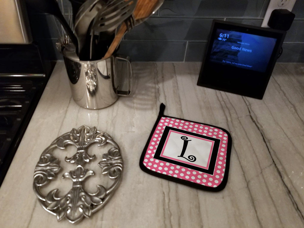 Letter L Monogram - Pink Black Polka Dots Pot Holder Set of 2 Heat Resistant Quilted Hot Pads 7.5 x 7.5 Inch, Insulated Kitchen Trivets for Cooking & Baking
