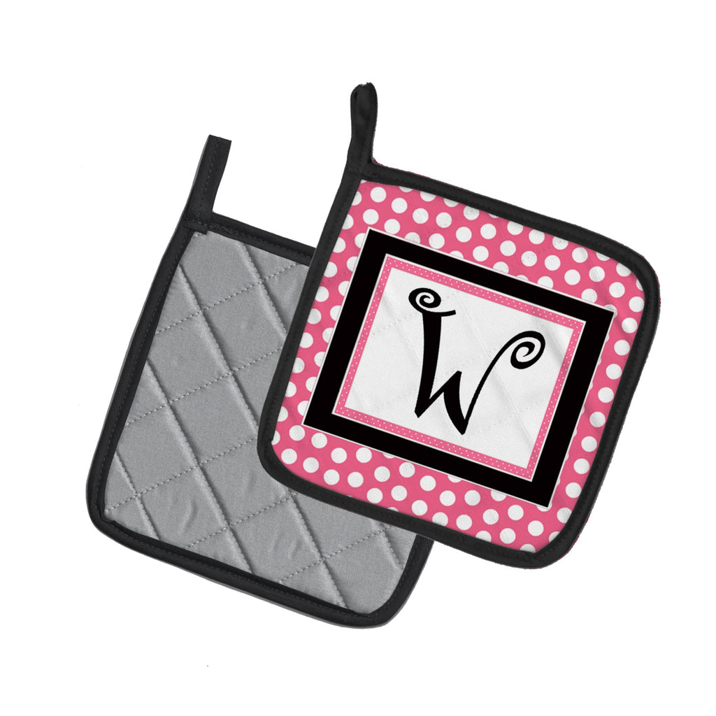 Letter W Monogram - Pink Black Polka Dots Pot Holder Set of 2 Heat Resistant Quilted Hot Pads 7.5 x 7.5 Inch, Insulated Kitchen Trivets for Cooking & Baking