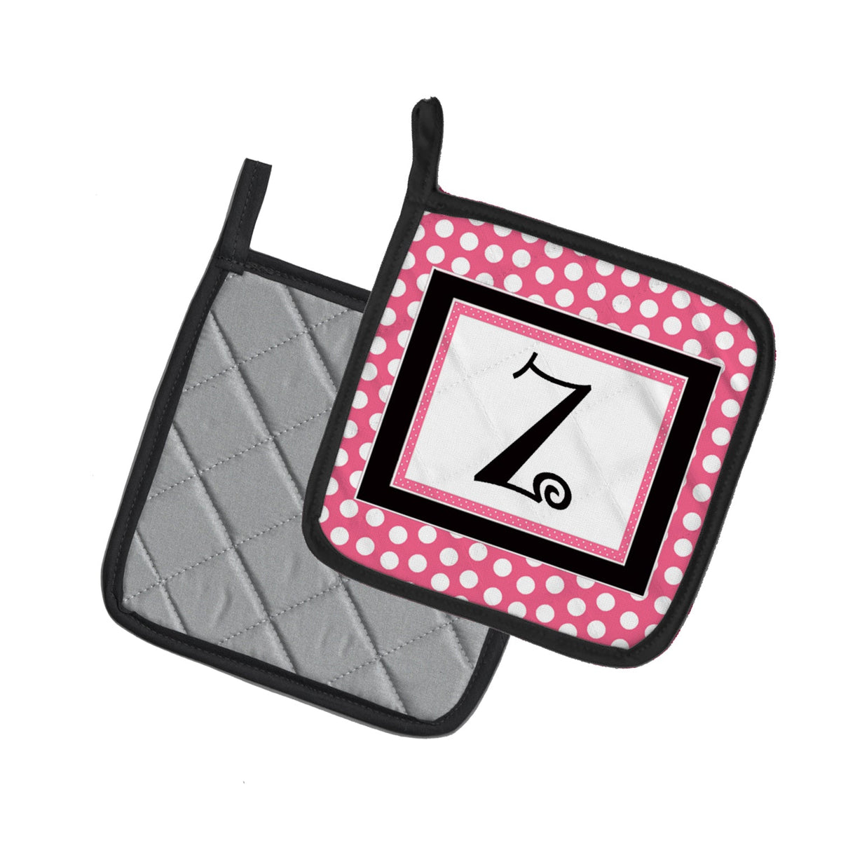 Letter Z Monogram - Pink Black Polka Dots Pot Holder Set of 2 Heat Resistant Quilted Hot Pads 7.5 x 7.5 Inch, Insulated Kitchen Trivets for Cooking & Baking