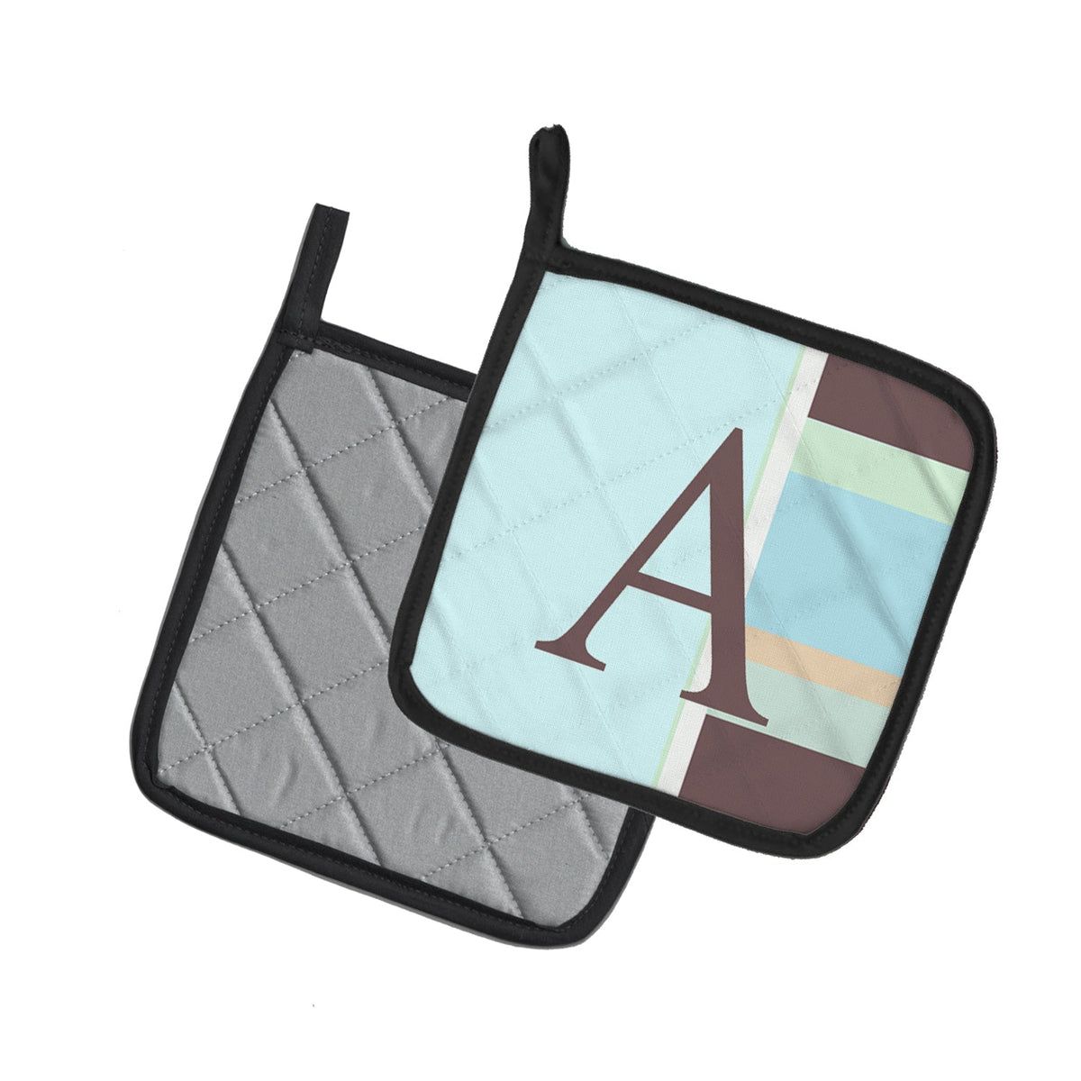 Letter A Monogram - Blue Stripes Pot Holder Set of 2 Heat Resistant Quilted Hot Pads 7.5 x 7.5 Inch, Insulated Kitchen Trivets for Cooking & Baking
