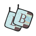 Letter B Initial Monogram - Blue Stripes Pot Holder Set of 2 Heat Resistant Quilted Hot Pads 7.5 x 7.5 Inch, Insulated Kitchen Trivets for Cooking & Baking
