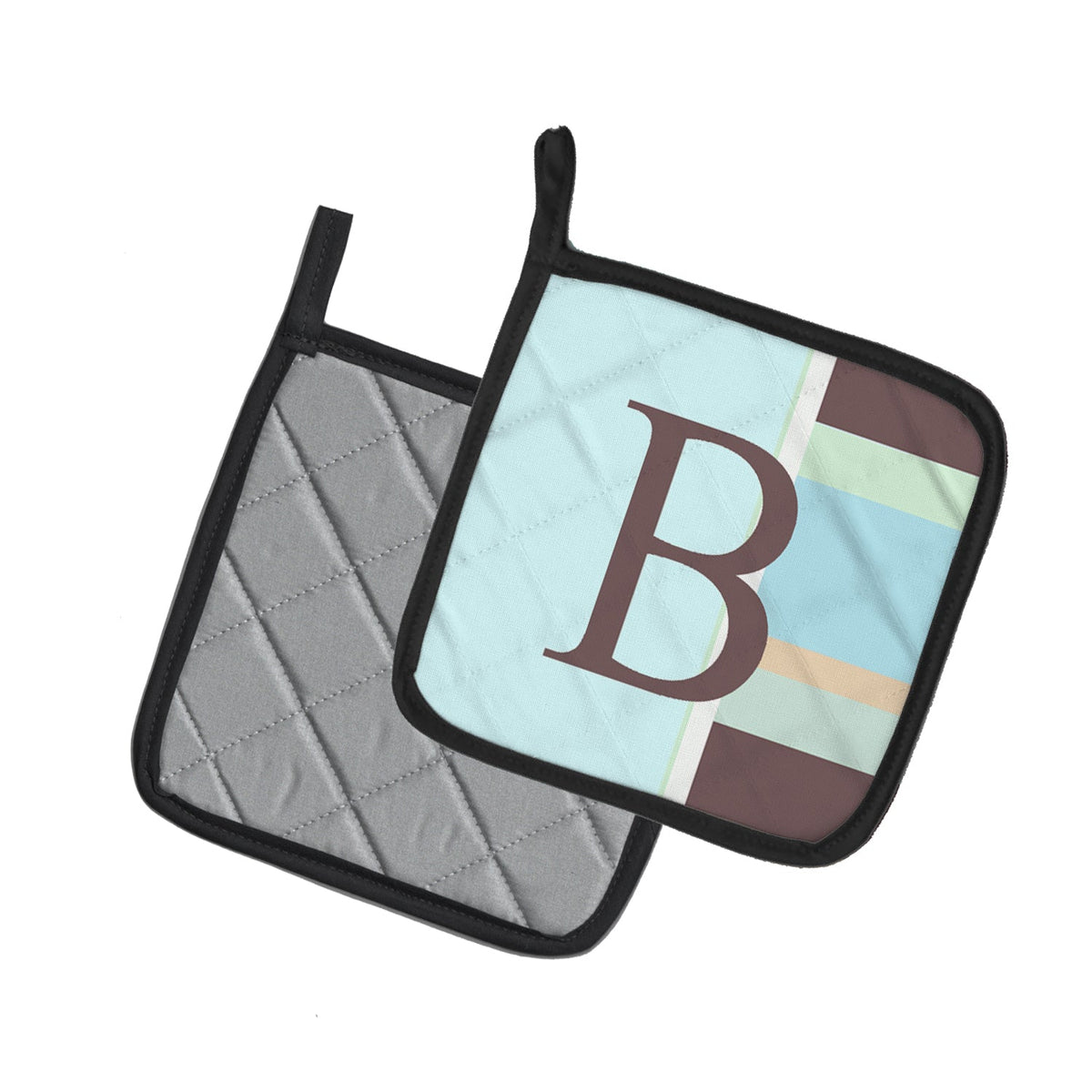 Letter B Initial Monogram - Blue Stripes Pot Holder Set of 2 Heat Resistant Quilted Hot Pads 7.5 x 7.5 Inch, Insulated Kitchen Trivets for Cooking & Baking
