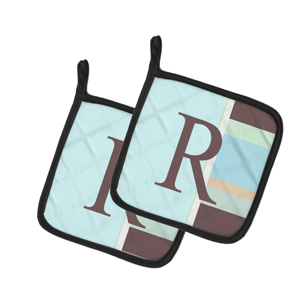 Letter R Initial Monogram - Blue Stripes Pot Holder Set of 2 Heat Resistant Quilted Hot Pads 7.5 x 7.5 Inch, Insulated Kitchen Trivets for Cooking & Baking