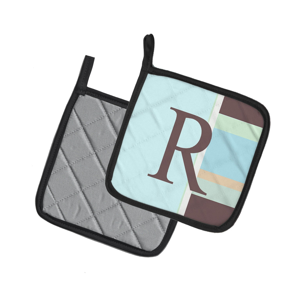 Letter R Initial Monogram - Blue Stripes Pot Holder Set of 2 Heat Resistant Quilted Hot Pads 7.5 x 7.5 Inch, Insulated Kitchen Trivets for Cooking & Baking