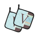 Letter V Initial Monogram - Blue Stripes Pot Holder Set of 2 Heat Resistant Quilted Hot Pads 7.5 x 7.5 Inch, Insulated Kitchen Trivets for Cooking & Baking