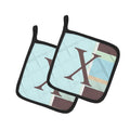 Letter X Initial Monogram - Blue Stripes Pot Holder Set of 2 Heat Resistant Quilted Hot Pads 7.5 x 7.5 Inch, Insulated Kitchen Trivets for Cooking & Baking
