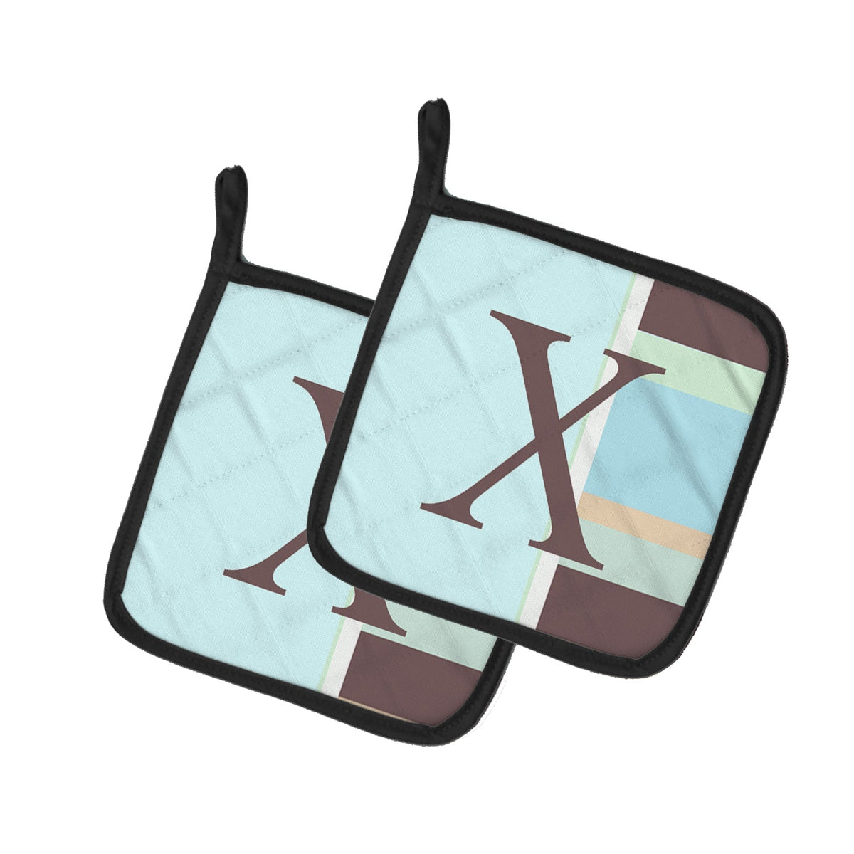 Letter X Initial Monogram - Blue Stripes Pot Holder Set of 2 Heat Resistant Quilted Hot Pads 7.5 x 7.5 Inch, Insulated Kitchen Trivets for Cooking & Baking