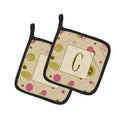 Letter C Initial Monogram - Tan Dots Pot Holder Set of 2 Heat Resistant Quilted Hot Pads 7.5 x 7.5 Inch, Insulated Kitchen Trivets for Cooking & Baking