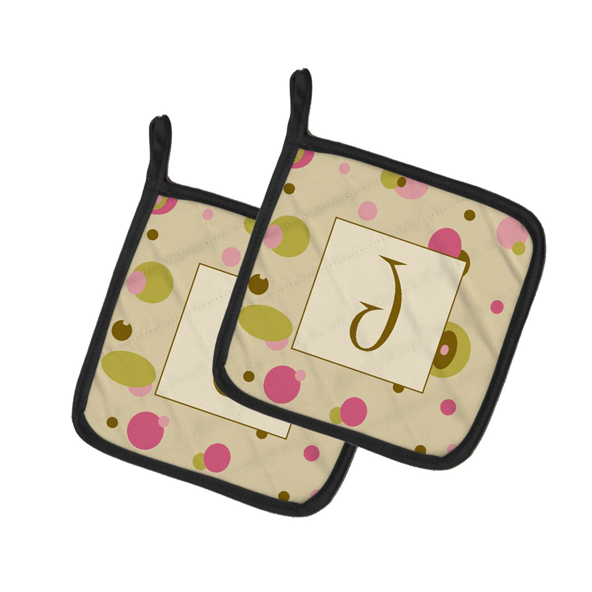 Letter J Initial Monogram - Tan Dots Pot Holder Set of 2 Heat Resistant Quilted Hot Pads 7.5 x 7.5 Inch, Insulated Kitchen Trivets for Cooking & Baking