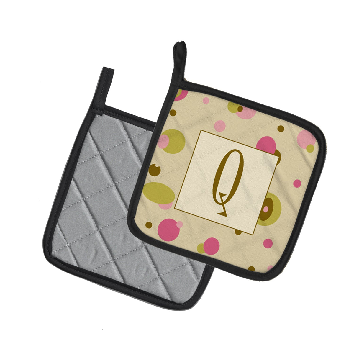 Letter Q Initial Monogram - Tan Dots Pot Holder Set of 2 Heat Resistant Quilted Hot Pads 7.5 x 7.5 Inch, Insulated Kitchen Trivets for Cooking & Baking
