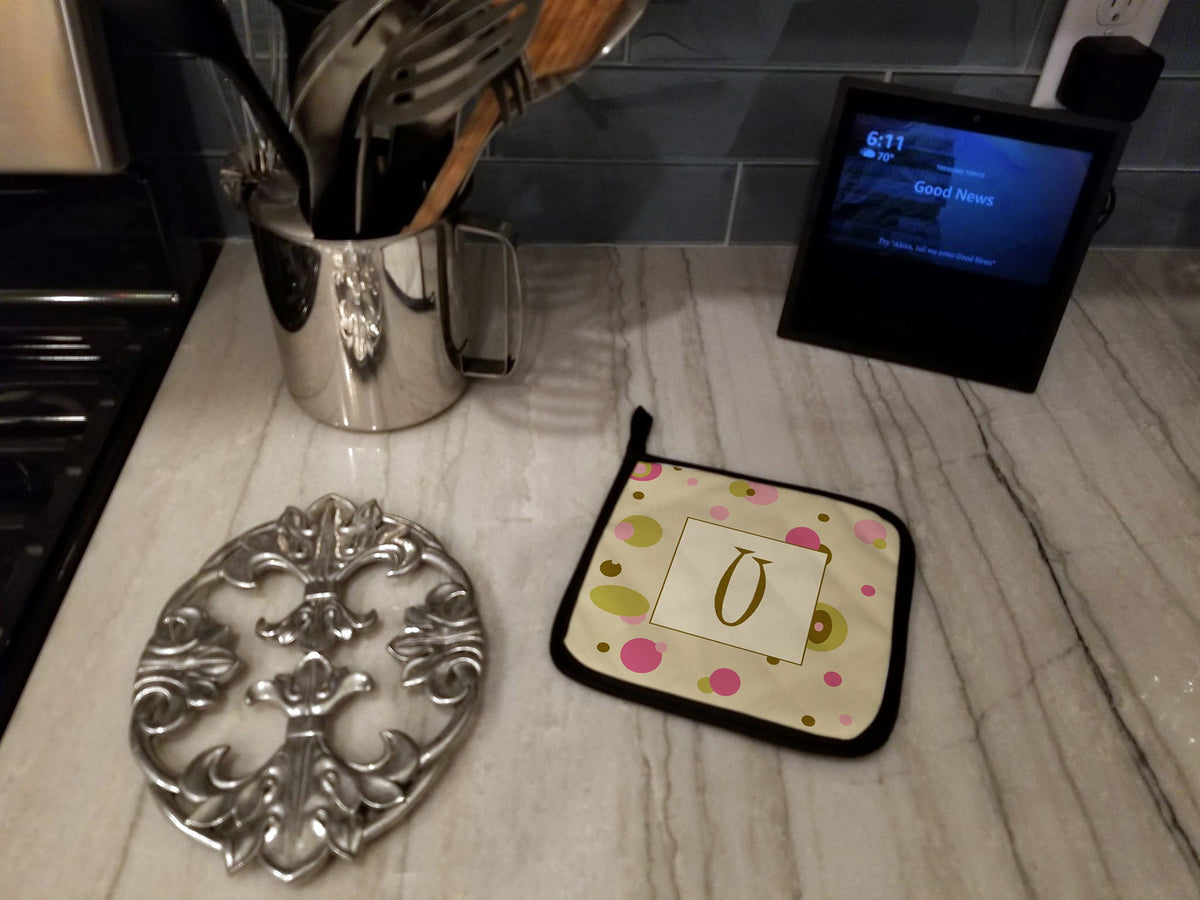 Letter U Initial Monogram - Tan Dots Pot Holder Set of 2 Heat Resistant Quilted Hot Pads 7.5 x 7.5 Inch, Insulated Kitchen Trivets for Cooking & Baking