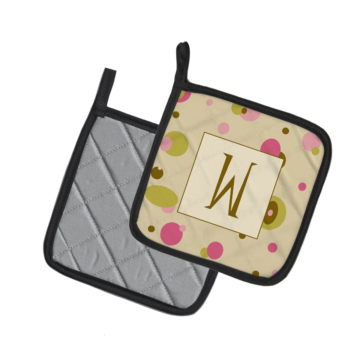 Letter W Initial Monogram - Tan Dots Pot Holder Set of 2 Heat Resistant Quilted Hot Pads 7.5 x 7.5 Inch, Insulated Kitchen Trivets for Cooking & Baking