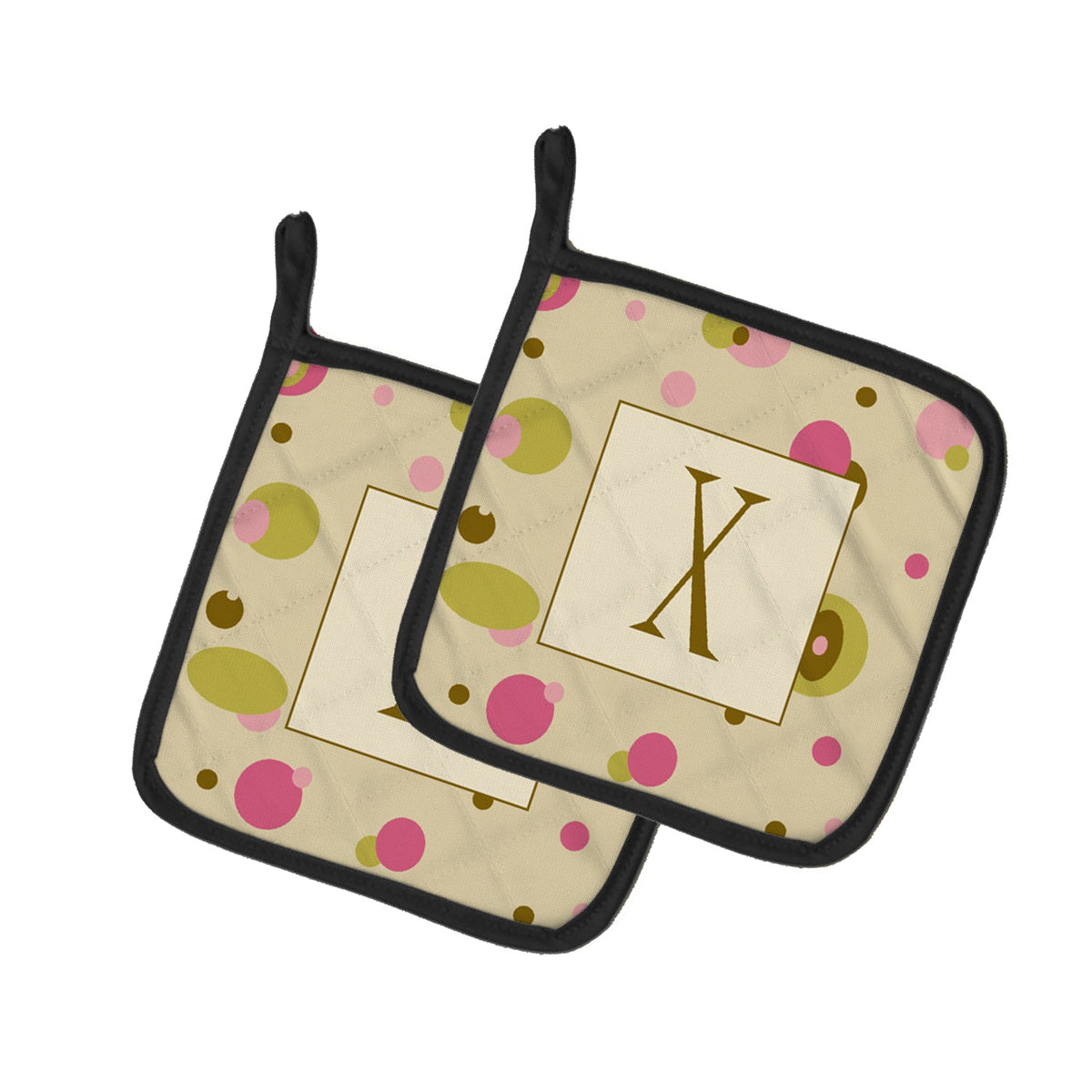 Letter X Initial Monogram - Tan Dots Pot Holder Set of 2 Heat Resistant Quilted Hot Pads 7.5 x 7.5 Inch, Insulated Kitchen Trivets for Cooking & Baking