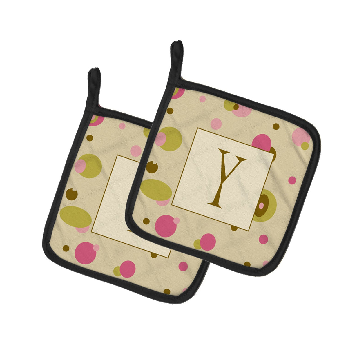 Letter Y Initial Monogram - Tan Dots Pot Holder Set of 2 Heat Resistant Quilted Hot Pads 7.5 x 7.5 Inch, Insulated Kitchen Trivets for Cooking & Baking