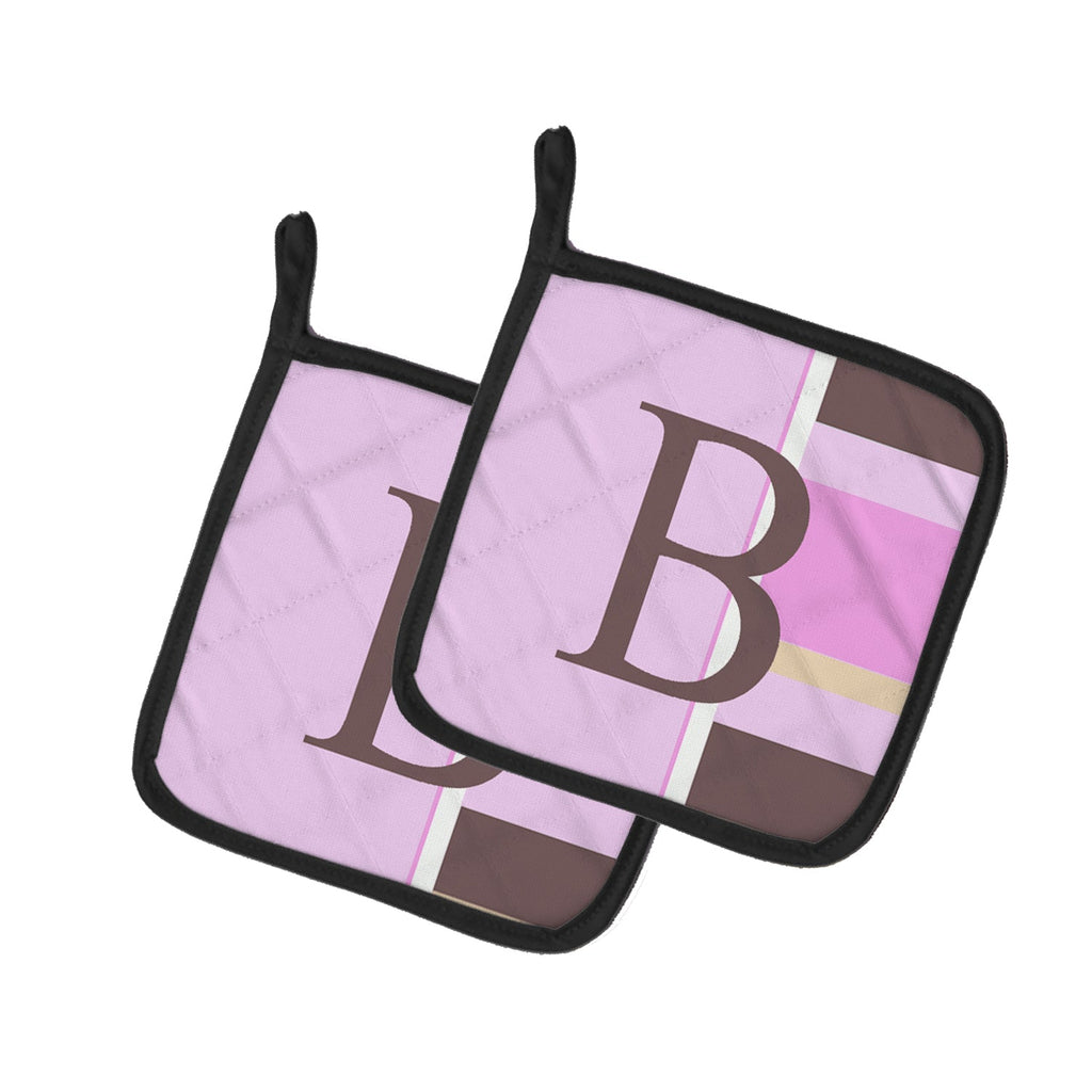 Letter B Initial Monogram - Pink Stripes Pot Holder Set of 2 Heat Resistant Quilted Hot Pads 7.5 x 7.5 Inch, Insulated Kitchen Trivets for Cooking & Baking