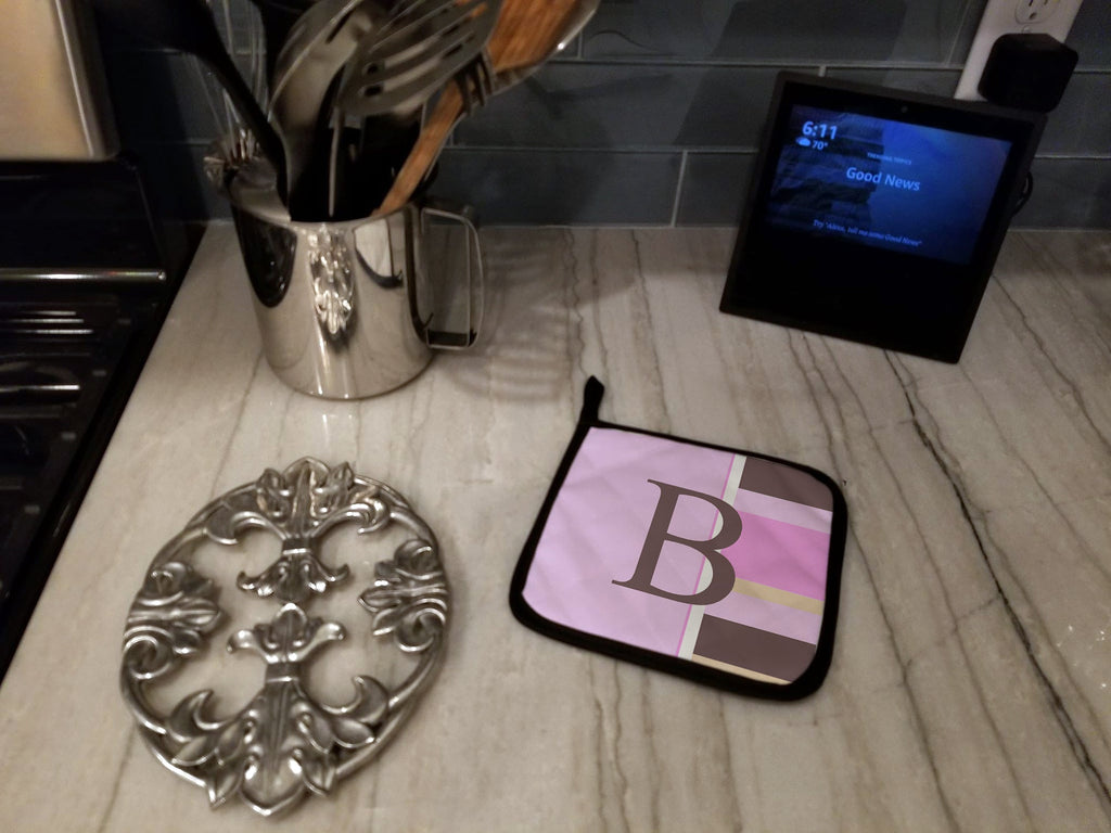 Letter B Initial Monogram - Pink Stripes Pot Holder Set of 2 Heat Resistant Quilted Hot Pads 7.5 x 7.5 Inch, Insulated Kitchen Trivets for Cooking & Baking