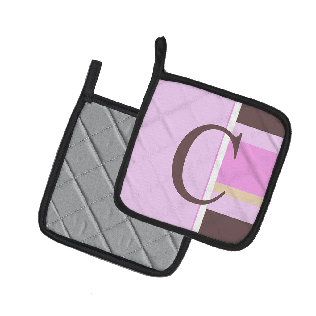 Letter C Initial Monogram - Pink Stripes Pot Holder Set of 2 Heat Resistant Quilted Hot Pads 7.5 x 7.5 Inch, Insulated Kitchen Trivets for Cooking & Baking