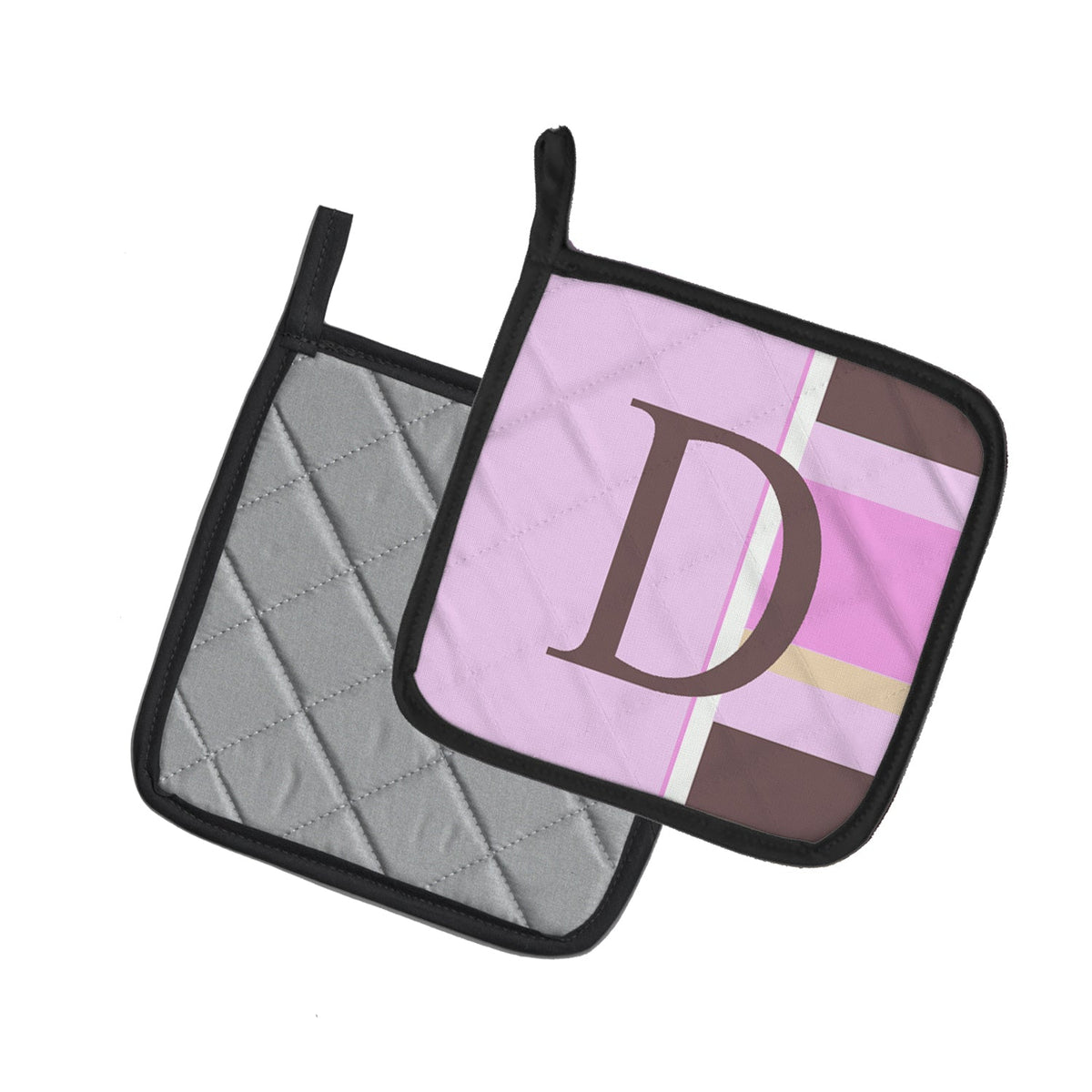 Letter D Initial Monogram - Pink Stripes Pot Holder Set of 2 Heat Resistant Quilted Hot Pads 7.5 x 7.5 Inch, Insulated Kitchen Trivets for Cooking & Baking
