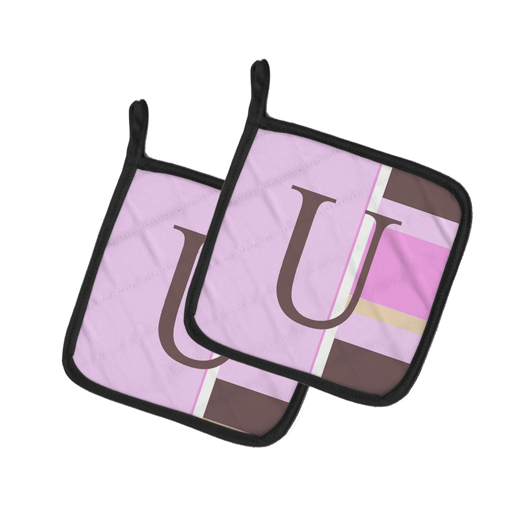 Letter U Initial Monogram - Pink Stripes Pot Holder Set of 2 Heat Resistant Quilted Hot Pads 7.5 x 7.5 Inch, Insulated Kitchen Trivets for Cooking & Baking
