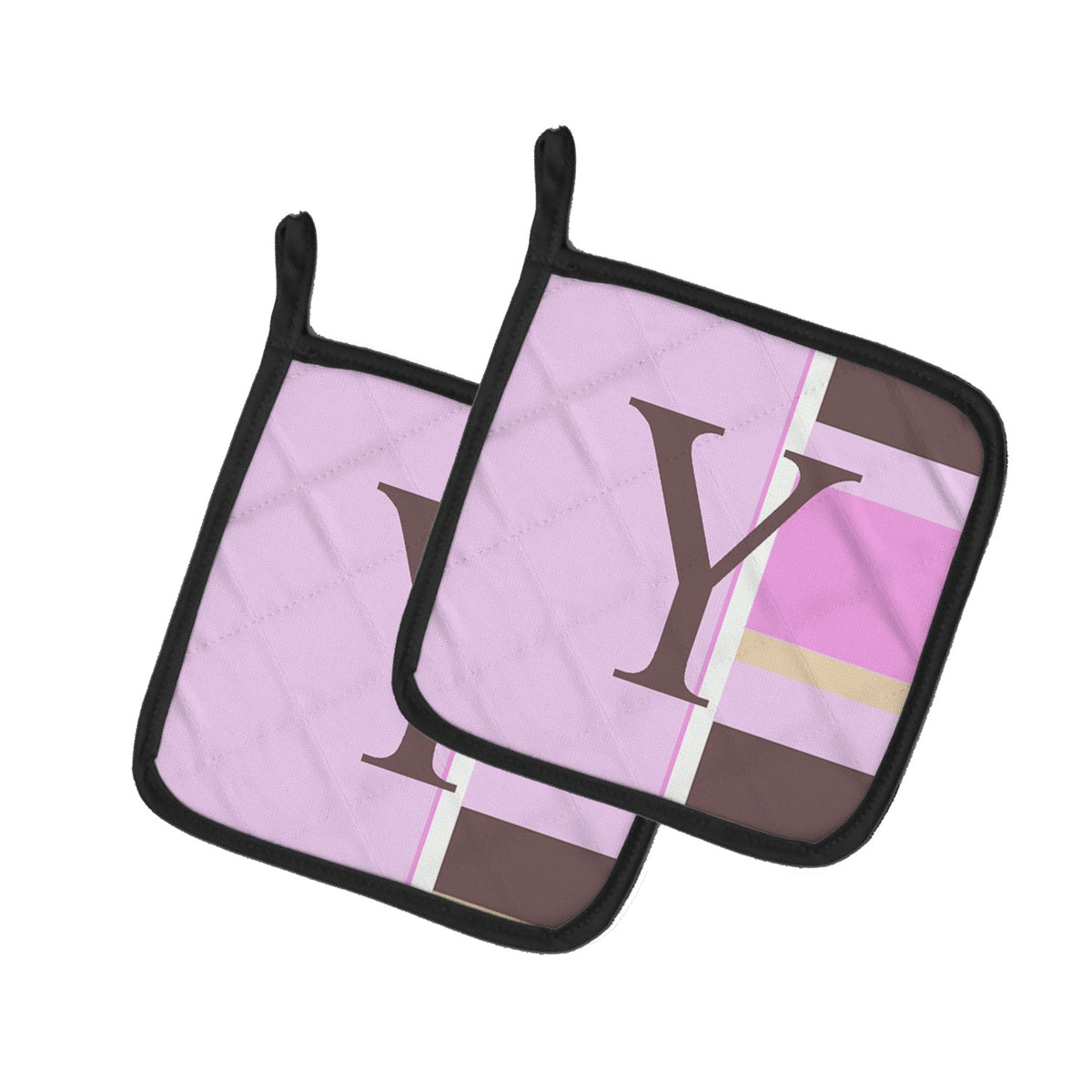 Letter Y Initial Monogram - Pink Stripes Pot Holder Set of 2 Heat Resistant Quilted Hot Pads 7.5 x 7.5 Inch, Insulated Kitchen Trivets for Cooking & Baking