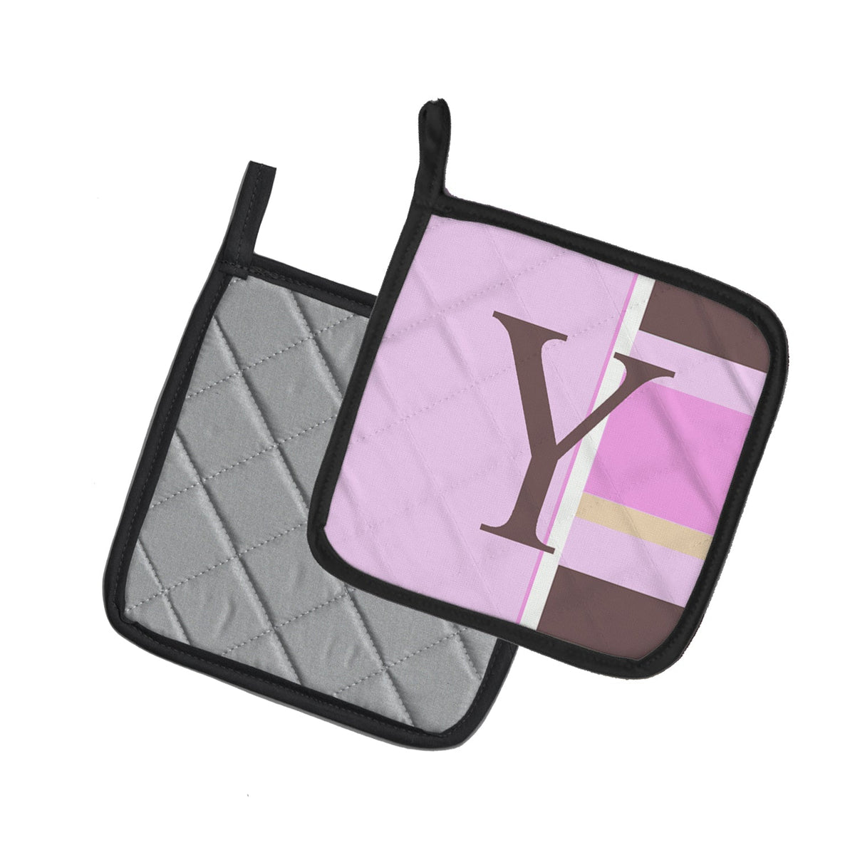 Letter Y Initial Monogram - Pink Stripes Pot Holder Set of 2 Heat Resistant Quilted Hot Pads 7.5 x 7.5 Inch, Insulated Kitchen Trivets for Cooking & Baking