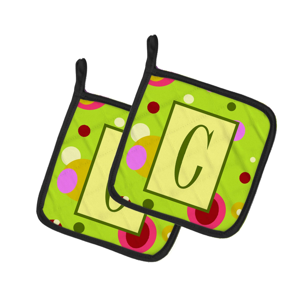 Letter C Monogram - Lime Green Pot Holder Set of 2 Heat Resistant Quilted Hot Pads 7.5 x 7.5 Inch, Insulated Kitchen Trivets for Cooking & Baking