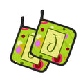 Letter J Monogram - Lime Green Pot Holder Set of 2 Heat Resistant Quilted Hot Pads 7.5 x 7.5 Inch, Insulated Kitchen Trivets for Cooking & Baking