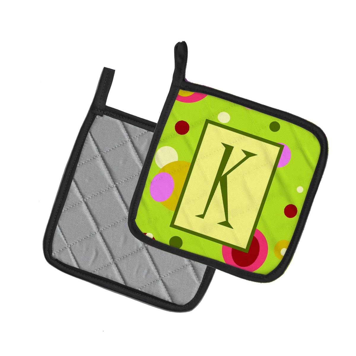 Letter K Monogram - Lime Green Pot Holder Set of 2 Heat Resistant Quilted Hot Pads 7.5 x 7.5 Inch, Insulated Kitchen Trivets for Cooking & Baking
