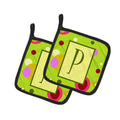 Letter P Monogram - Lime Green Pot Holder Set of 2 Heat Resistant Quilted Hot Pads 7.5 x 7.5 Inch, Insulated Kitchen Trivets for Cooking & Baking
