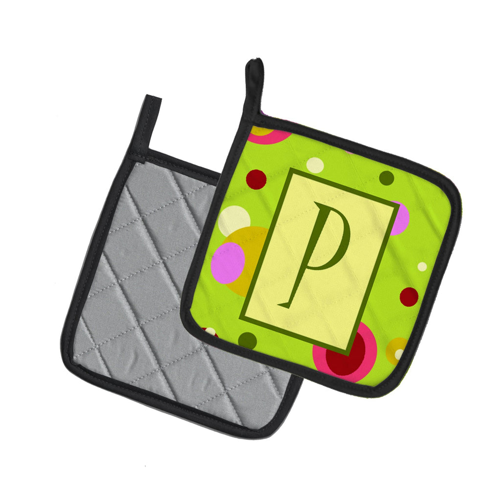 Letter P Monogram - Lime Green Pot Holder Set of 2 Heat Resistant Quilted Hot Pads 7.5 x 7.5 Inch, Insulated Kitchen Trivets for Cooking & Baking
