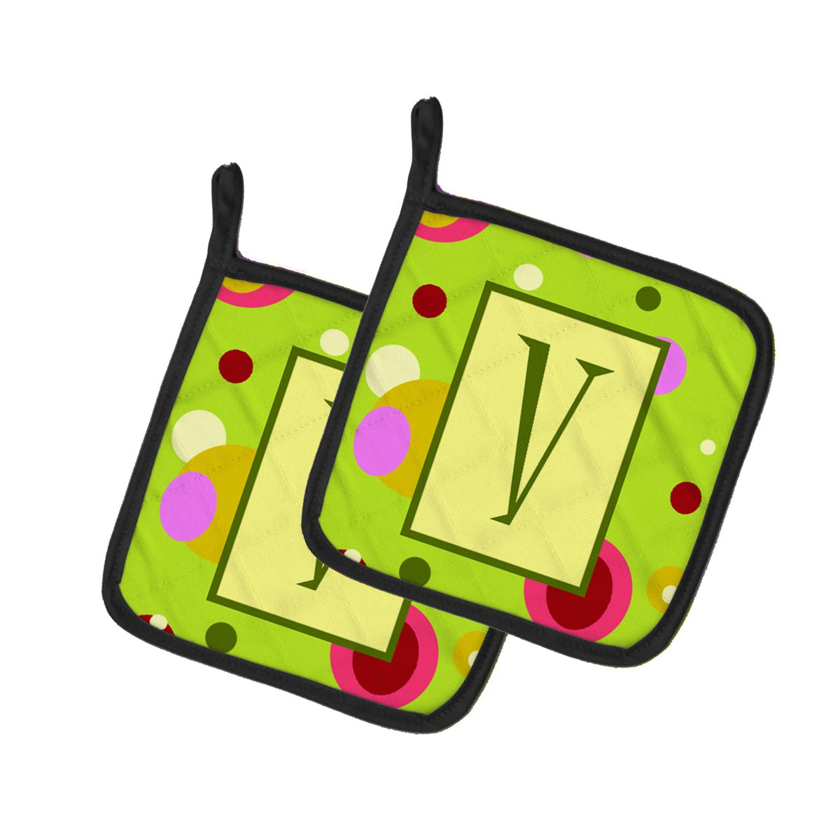 Letter V Monogram - Lime Green Pot Holder Set of 2 Heat Resistant Quilted Hot Pads 7.5 x 7.5 Inch, Insulated Kitchen Trivets for Cooking & Baking