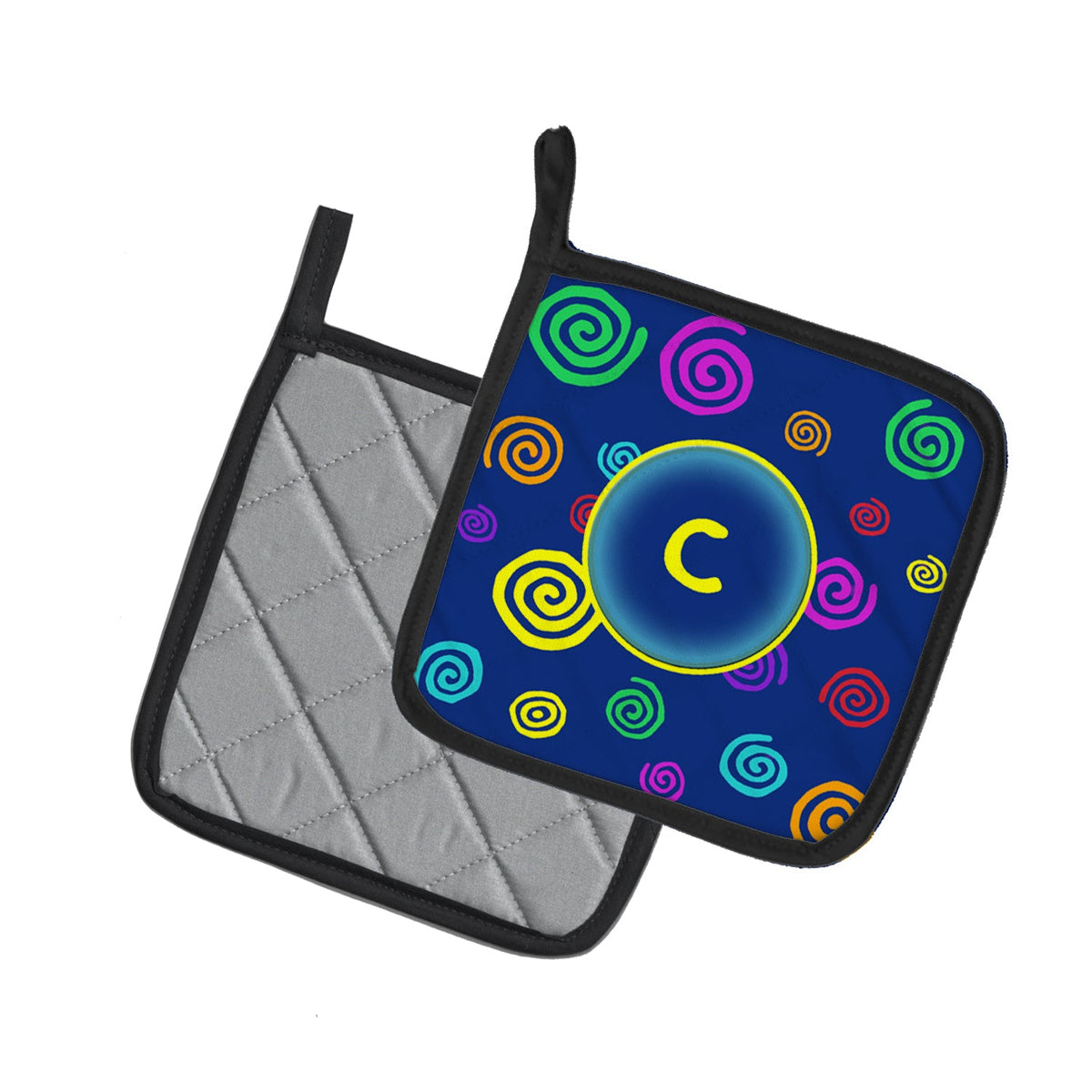 Letter C Initial Monogram - Blue Swirls Pot Holder Set of 2 Heat Resistant Quilted Hot Pads 7.5 x 7.5 Inch, Insulated Kitchen Trivets for Cooking & Baking