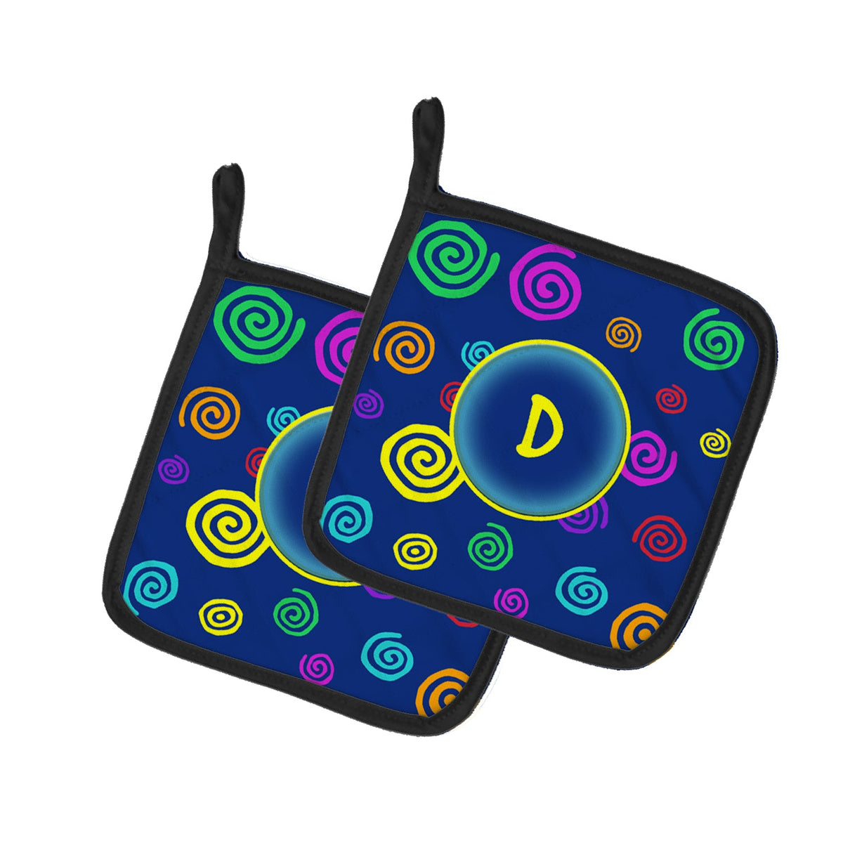 Letter D Initial Monogram - Blue Swirls Pot Holder Set of 2 Heat Resistant Quilted Hot Pads 7.5 x 7.5 Inch, Insulated Kitchen Trivets for Cooking & Baking