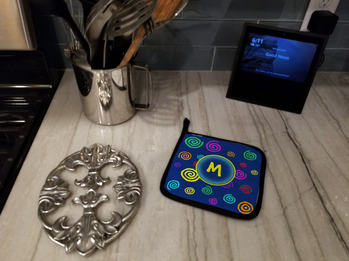 Letter M Initial Monogram - Blue Swirls Pot Holder Set of 2 Heat Resistant Quilted Hot Pads 7.5 x 7.5 Inch, Insulated Kitchen Trivets for Cooking & Baking