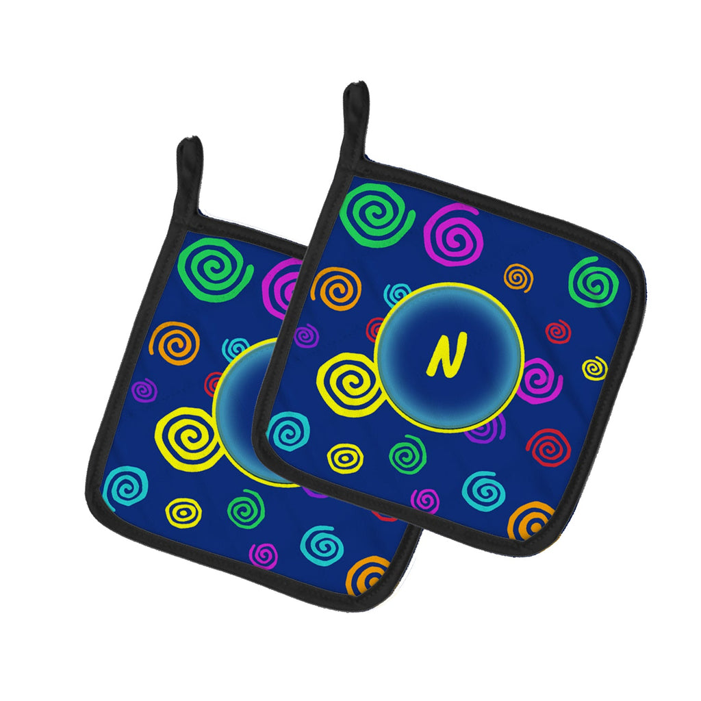 Letter N Initial Monogram - Blue Swirls Pot Holder Set of 2 Heat Resistant Quilted Hot Pads 7.5 x 7.5 Inch, Insulated Kitchen Trivets for Cooking & Baking