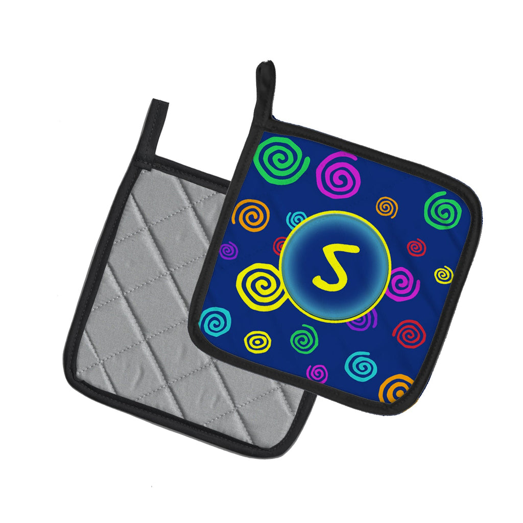 Letter S Initial Monogram - Blue Swirls Pot Holder Set of 2 Heat Resistant Quilted Hot Pads 7.5 x 7.5 Inch, Insulated Kitchen Trivets for Cooking & Baking