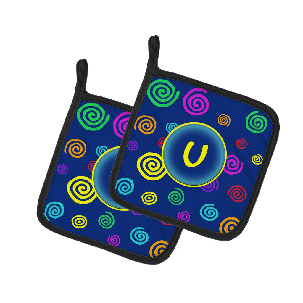 Letter U Initial Monogram - Blue Swirls Pot Holder Set of 2 Heat Resistant Quilted Hot Pads 7.5 x 7.5 Inch, Insulated Kitchen Trivets for Cooking & Baking