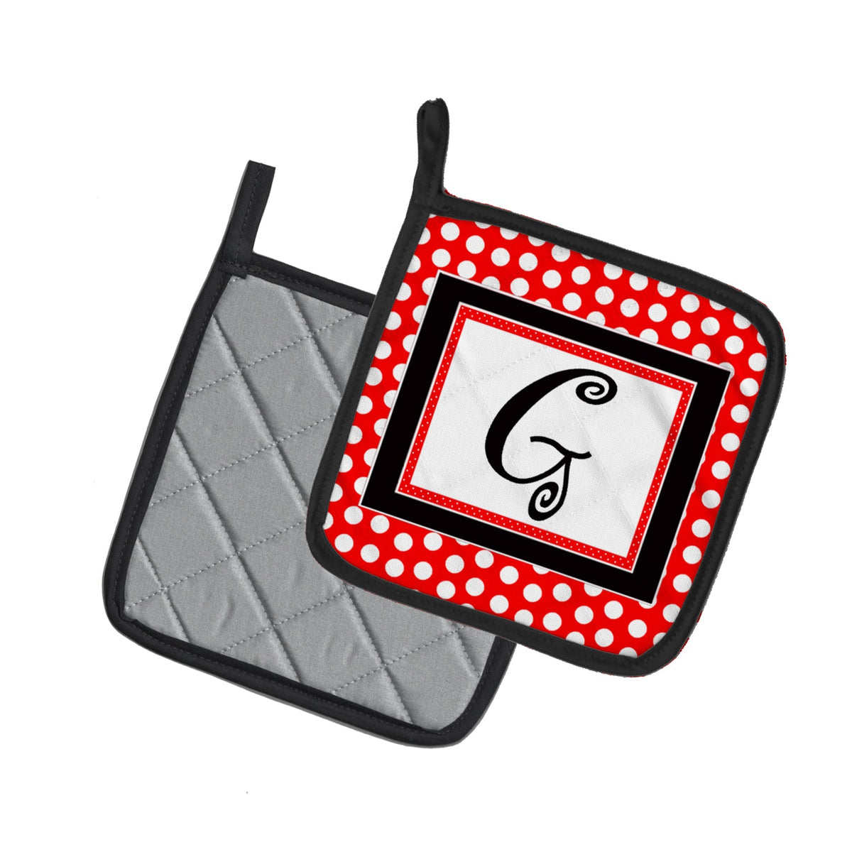 Letter G Initial  - Red Black Polka Dots Pot Holder Set of 2 Heat Resistant Quilted Hot Pads 7.5 x 7.5 Inch, Insulated Kitchen Trivets for Cooking & Baking