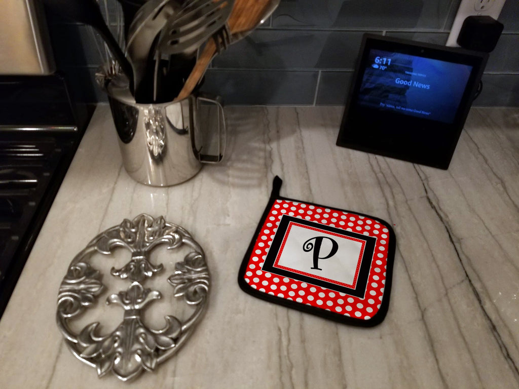 Letter P Initial  - Red Black Polka Dots Pot Holder Set of 2 Heat Resistant Quilted Hot Pads 7.5 x 7.5 Inch, Insulated Kitchen Trivets for Cooking & Baking
