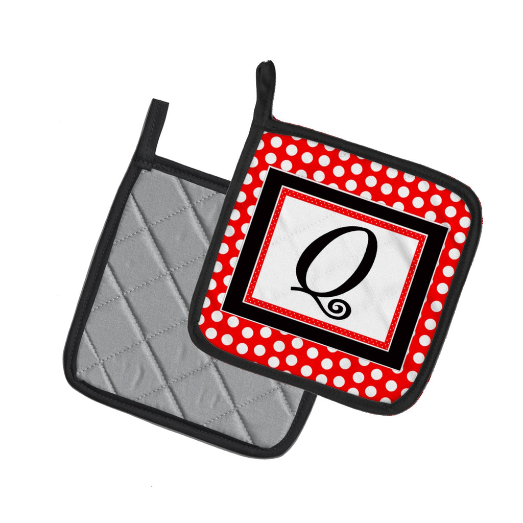 Letter Q Initial  - Red Black Polka Dots Pot Holder Set of 2 Heat Resistant Quilted Hot Pads 7.5 x 7.5 Inch, Insulated Kitchen Trivets for Cooking & Baking