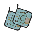 Letter C Initial Monogram - Blue Dots Pot Holder Set of 2 Heat Resistant Quilted Hot Pads 7.5 x 7.5 Inch, Insulated Kitchen Trivets for Cooking & Baking