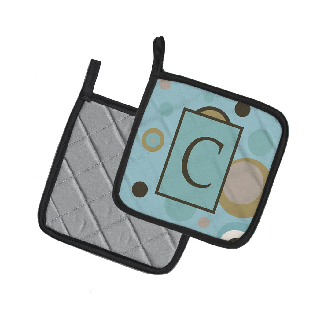 Letter C Initial Monogram - Blue Dots Pot Holder Set of 2 Heat Resistant Quilted Hot Pads 7.5 x 7.5 Inch, Insulated Kitchen Trivets for Cooking & Baking