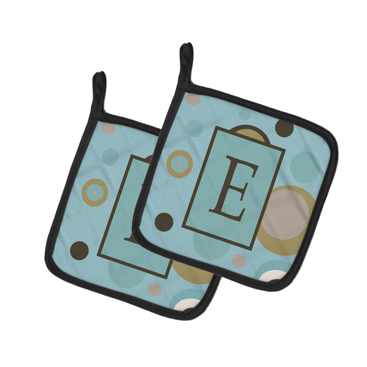 Letter E Initial Monogram - Blue Dots Pot Holder Set of 2 Heat Resistant Quilted Hot Pads 7.5 x 7.5 Inch, Insulated Kitchen Trivets for Cooking & Baking