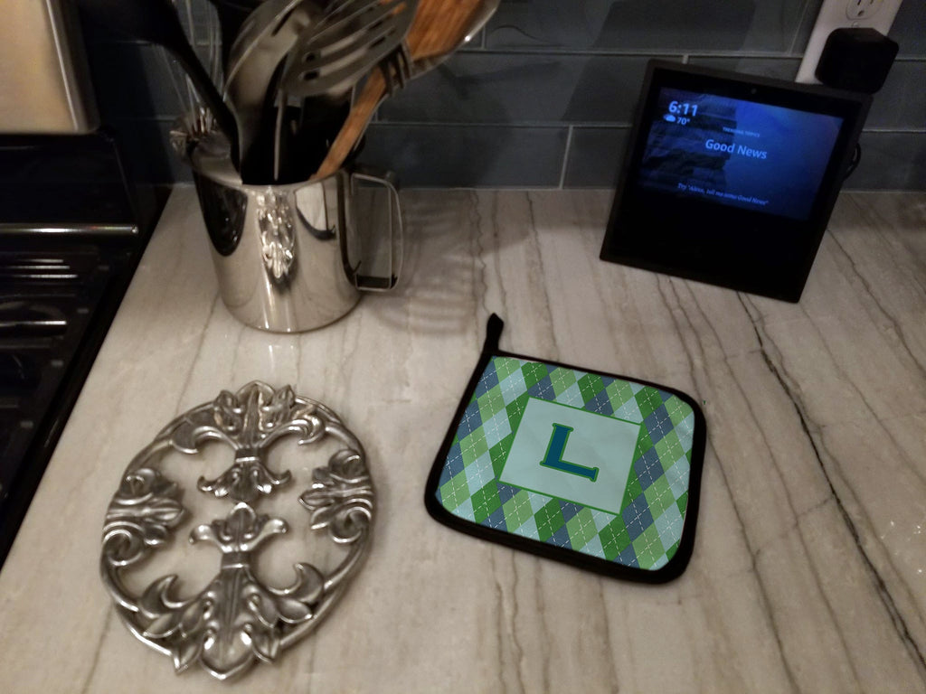 Letter L Initial Monogram - Blue Argoyle Pot Holder Set of 2 Heat Resistant Quilted Hot Pads 7.5 x 7.5 Inch, Insulated Kitchen Trivets for Cooking & Baking