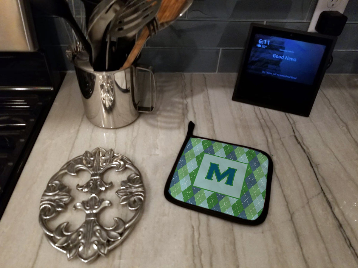Letter M Initial Monogram - Blue Argoyle Pot Holder Set of 2 Heat Resistant Quilted Hot Pads 7.5 x 7.5 Inch, Insulated Kitchen Trivets for Cooking & Baking