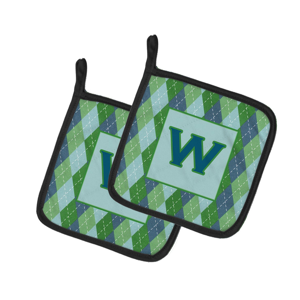 Letter W Initial Monogram - Blue Argoyle Pot Holder Set of 2 Heat Resistant Quilted Hot Pads 7.5 x 7.5 Inch, Insulated Kitchen Trivets for Cooking & Baking