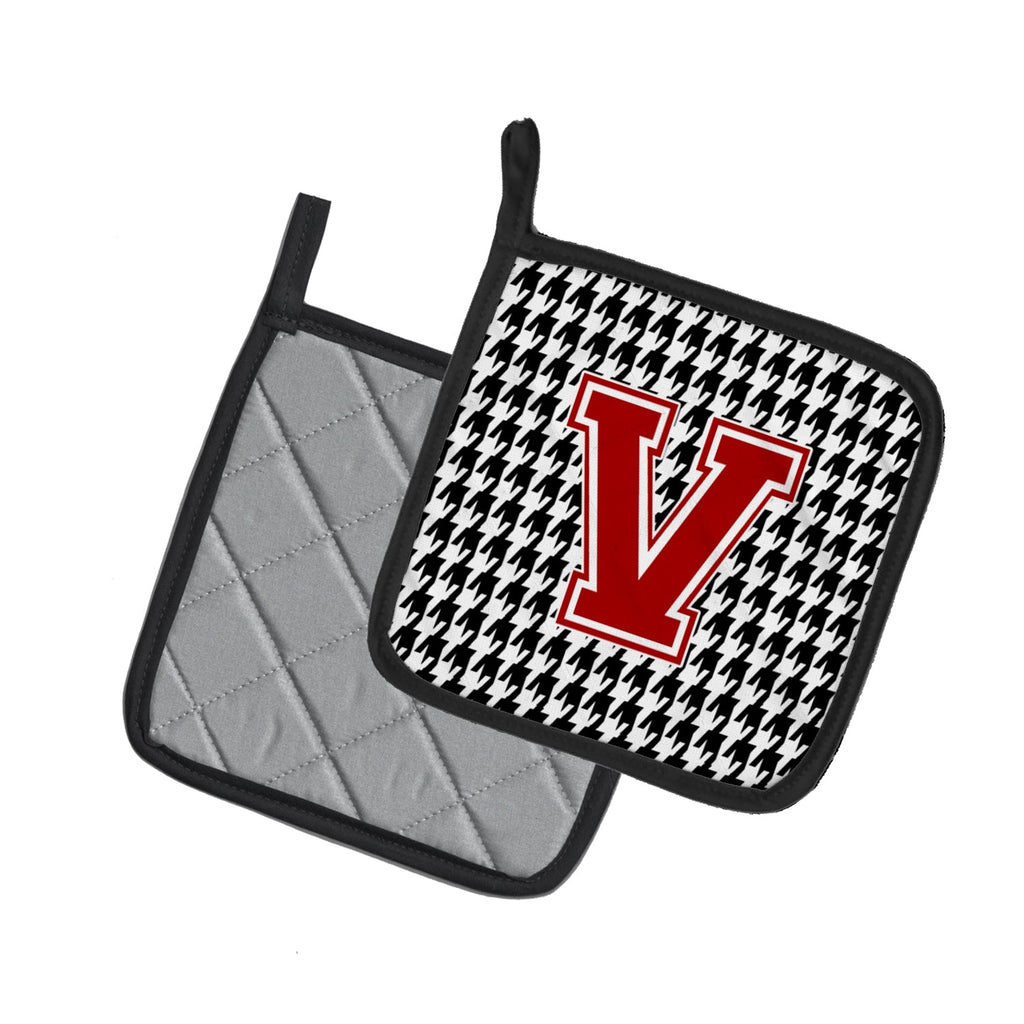 Letter V Monogram - Houndstooth Black Pot Holder Set of 2 Heat Resistant Quilted Hot Pads 7.5 x 7.5 Inch, Insulated Kitchen Trivets for Cooking & Baking