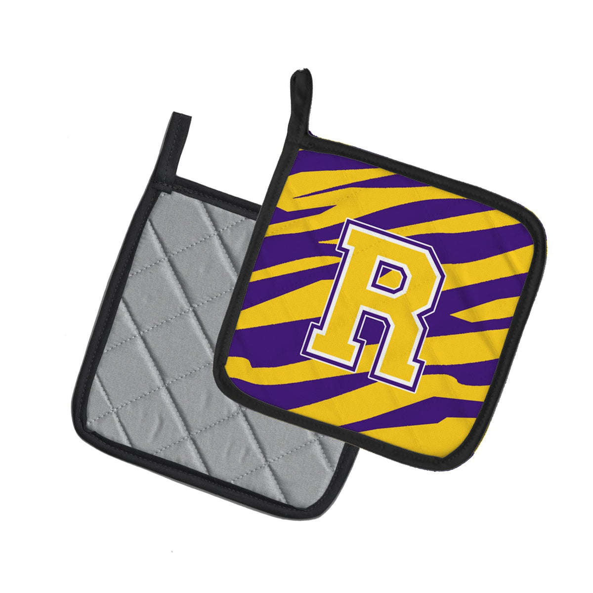 Letter R Monogram - Tiger Stripe - Purple Gold Pot Holder Set of 2 Heat Resistant Quilted Hot Pads 7.5 x 7.5 Inch, Insulated Kitchen Trivets for Cooking & Baking